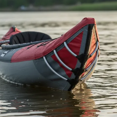 Close-up of the Advanced Elements AdvancedFrame kayak bow, highlighting the rigid aluminum frame and durable fabric