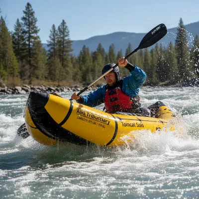 AIRE Tributary Tomcat Solo inflatable kayak navigating mild whitewater with a single large adult