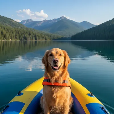 A happy golden retriever sitting calmly in the front of a sturdy inflatable kayak on a calm lake with mountains in the background.