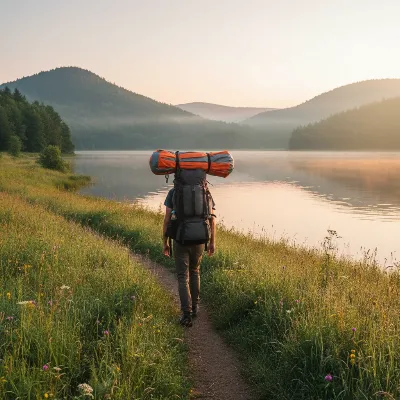 A person easily transporting a deflated inflatable kayak in a backpack, walking towards a serene lake at sunrise, conveying portability and accessibility.