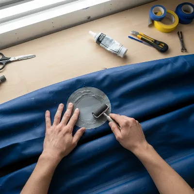 Hands carefully applying a circular patch to an inflatable kayak, ensuring a smooth, air-bubble-free repair.