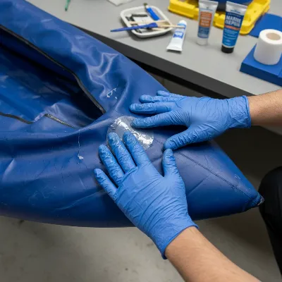 Hands applying a patch to an inflatable kayak with glue, showing careful alignment and smoothing, realistic style