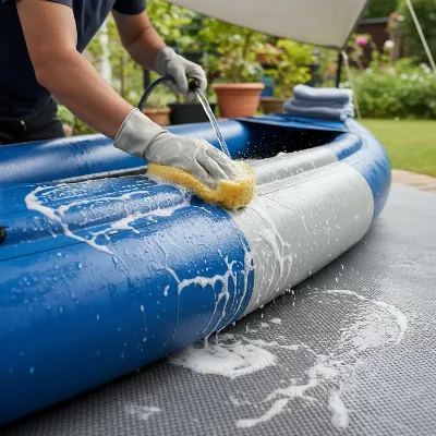 Thoroughly cleaning an inflatable kayak after use before winter storage to prevent mold and mildew growth.