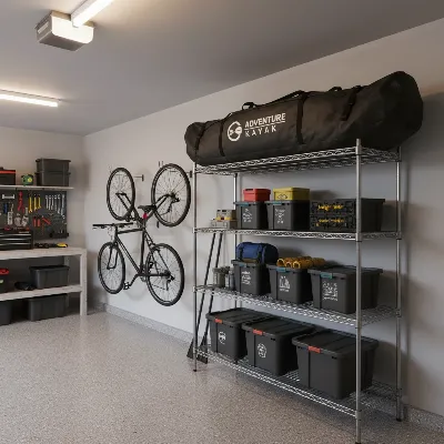 An inflatable kayak neatly folded and placed in its storage bag, stored on a shelf in a clean, temperature-controlled garage, away from direct sunlight and chemicals.