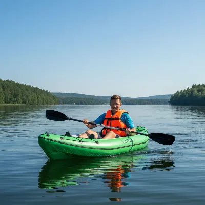 A bright green Intex Challenger K1 inflatable kayak being paddled by a single person on a calm, sunny lake.