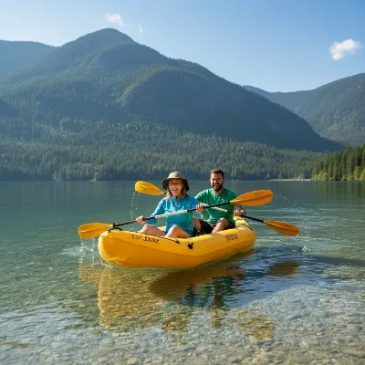 Two people comfortably paddling an Intex Explorer K2 inflatable kayak on a calm lake, with mountains in the background, showcasing recreational use and accessibility.