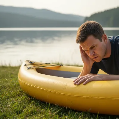 A person listening closely to an inflated inflatable kayak for hissing sounds, with a calm lake in the background and soft sunlight, realistic style