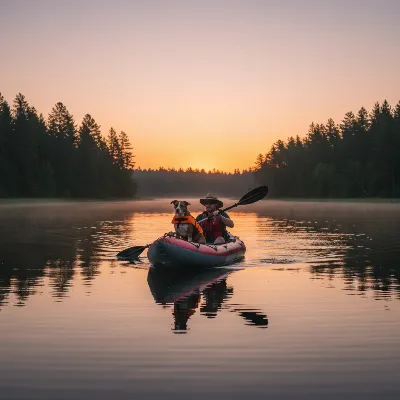 A person paddling an inflatable kayak with a dog sitting calmly in front, on calm, reflective water during sunset.