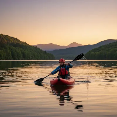 Paddler demonstrating effective forward stroke technique in an inflatable kayak on calm water.