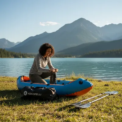 Kokopelli Moki I inflatable kayak packed in its carry bag next to a user setting it up at a lakeside