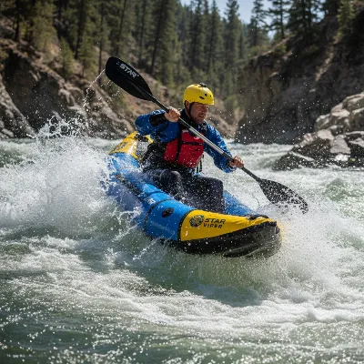 An NRS STAR Viper inflatable kayak with a paddler in dynamic whitewater, showcasing its performance and maneuverability