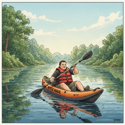 Nyce Haul inflatable kayak on a calm river with a large adult paddling