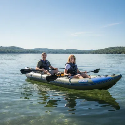 Sea Eagle SE370 inflatable kayak demonstrating its robust construction with two large adults