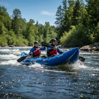 Star Outlaw II inflatable kayak navigating moderate river rapids with two paddlers.