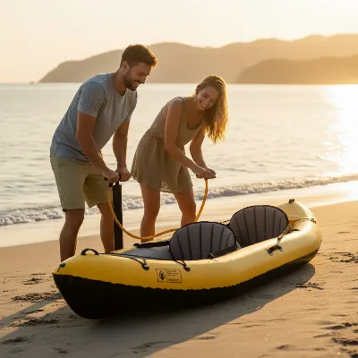 A happy couple inflates a bright yellow 2-person inflatable kayak on a sandy beach at sunset.
