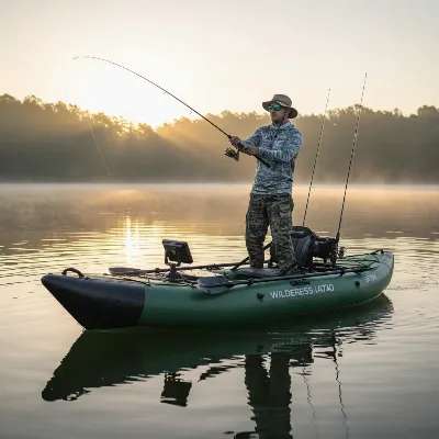 Wilderness Systems iATAK 110 inflatable kayak on a calm lake, rigged for bass fishing, with an angler casting